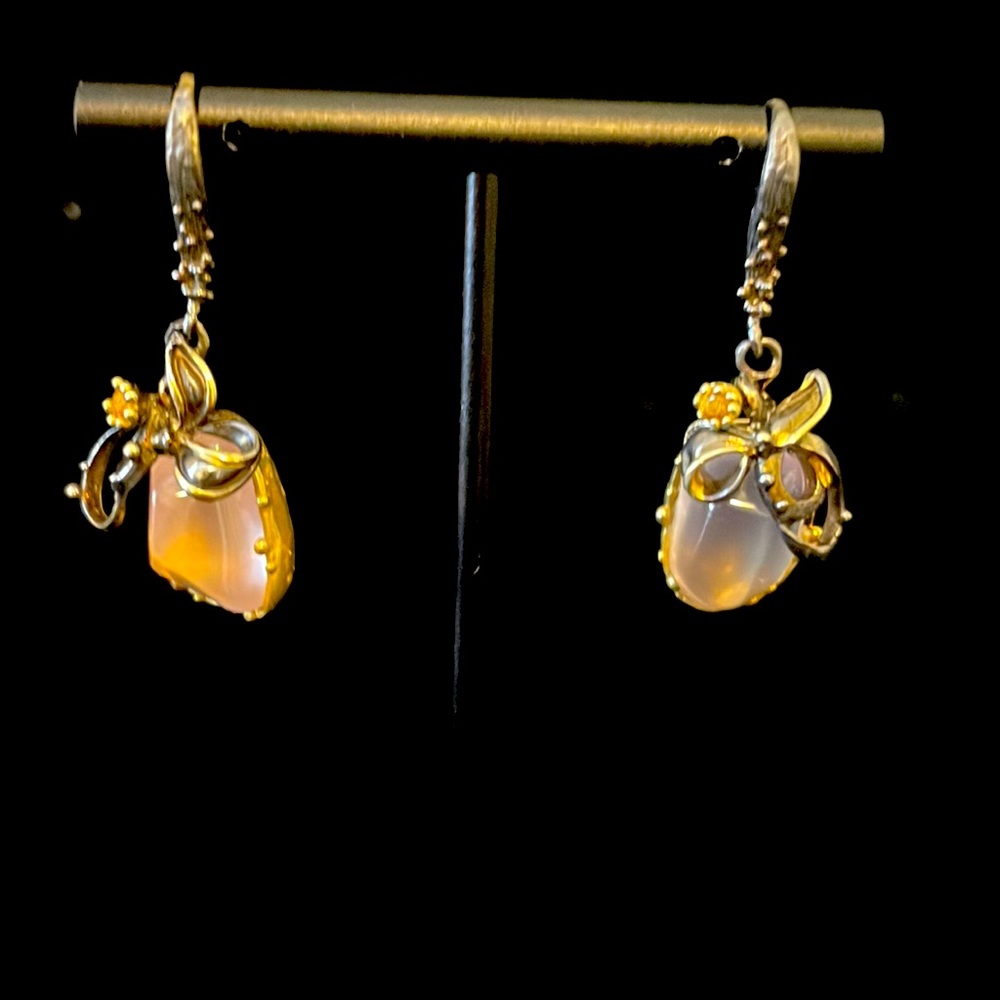 Silver and rose quartz earrings handmade gold detail, genuine accent stones.